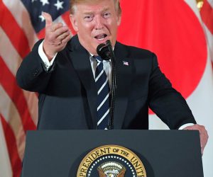 epa07599078 US President Donald J. Trump speaks to Japanese business leaders at the US embassy in Tokyo, Japan, 25 May 2019. US President Trump is in Japan on a state visit.  EPA/JAPAN POOL JAPAN OUT EDITORIAL USE ONLY/  NO ARCHIVES