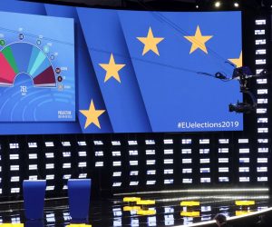 epa07603692 A first projections of seats at European Parliament based on 11 countries displayed in the hemicycle of European Parliament transformed into a giant TV studio, in Brussels, Belgium, 26 May 2019. The European Parliament election is held by member countries of the European Union (EU) from 23 to 26 May 2019. A special electoral evening will take place on 26 at Parliament.  EPA/OLIVIER HOSLET