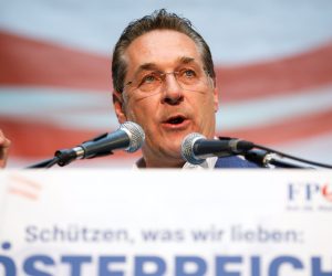 epa07579163 (FILE) - Heinz Christian Strache, Vice Chancellor and Chairman of the Freedom Party of Austria (FPOe), speaks during the kick-off event of the party election campaign for the upcoming European Parliament elections, Vienna, Austria, 26 April 2019 (reissued 17 May 2019). German news-magazine Der Spiegel and newspaper  Sueddeutsche Zeitung have on 17 May 2019 published a secretly recorded video of Strache in Ibiza in July 2017, where Heinz-Christian Strache is claimed to meet an alleged niece of a unknown Russian oligarch who wanted to invest large sums of money in Austria. Der Spiegel and Sueddeutsche Zeitung claim Strache discussed various ways to invest what is claimed to have been some 250 million euro in Austria. Strache and current chairman of the FPOE party faction Johann Gudenus who also took part in the meeting have reportedly both confirmed the meeting took place. The text on placard reads 'Protecting what we love: Austria'.  EPA/FLORIAN WIESER