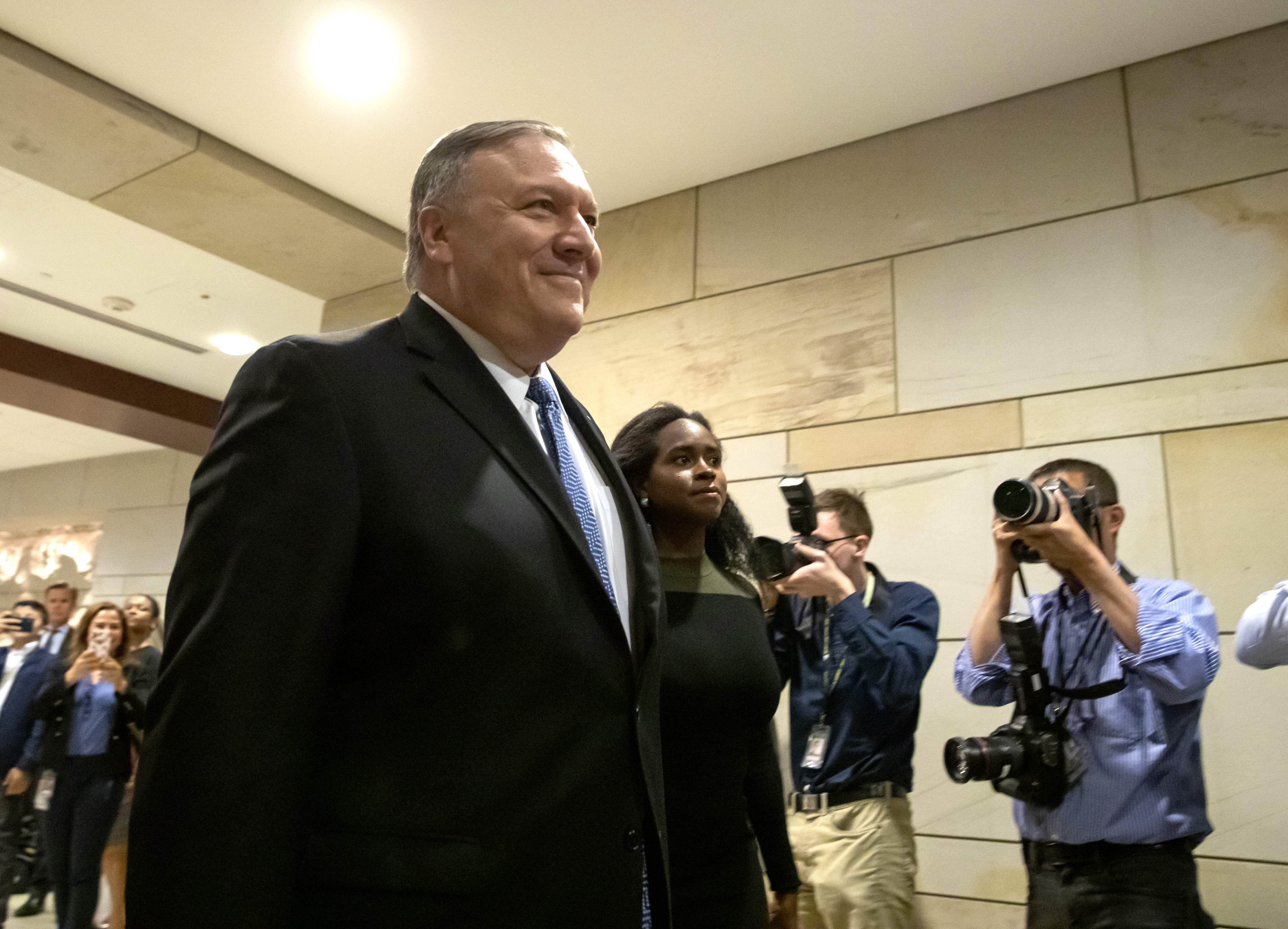 epa07590057 US Secretary of State Mike Pompeo arrives to give a classified intelligence briefing on Iran to members of the House of Representatives at the Capitol in Washington, DC, USA, 21 May 2019. The administration of President Trump is briefing Congress on intelligence that has prompted the US military build up against reported Iranian threats in the Persian Gulf region.  EPA/ERIK S. LESSER