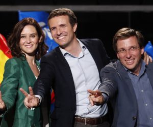 epa07604548 Jose Luis Martinez-Almeida (R), People's Party candidate for Madrid's City Hall, candidate of Madrid autonomous region Isabel Diaz Ayuso (L), and PP President Pablo Casado (C) celebrate at his party seat in Madrid, Spain, 26 May 2019. Spain holds locals, regional and European Parliament elections. The European Parliament election is held by member countries of the European Union (EU) from 23 to 26 May 2019.  EPA/Javier Lizon