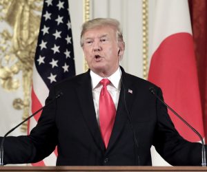 epa07604961 US President Donald J. Trump gestures as he speaks during a news conference with  Japan's Prime Minister Shinzo Abe (nto pictured) at Akasaka Palace in Tokyo, Japan, 27 May 2019. President Trump is on a four-day state visit to Japan.  EPA/KIYOSHI OTA / POOL