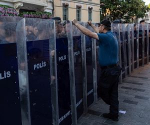 epa07615912 Turkish riot police guard during a rally on the occasion of the sixth anniversary of the Gezi Park protests at near Taksim Square, Istanbul, Turkey, 31 May 2019. A total of seven people lost their lives in partly violent protests that began on 31 May 2013 against plans to replace Taksim Gezi Park with a shopping mall.  EPA/SEDAT SUNA