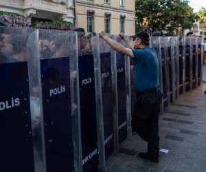 epa07615912 Turkish riot police guard during a rally on the occasion of the sixth anniversary of the Gezi Park protests at near Taksim Square, Istanbul, Turkey, 31 May 2019. A total of seven people lost their lives in partly violent protests that began on 31 May 2013 against plans to replace Taksim Gezi Park with a shopping mall.  EPA/SEDAT SUNA