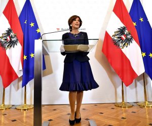 epa07622075 Newly sworn-in Austrian Chancellor Brigitte Bierlein makes a statemen at the chancellery in Vienna, Austria, 03 June 2019. Brigitte Bierlein was sworn in 03 June and will head an interim cabinet until the general elections in September 2019.  EPA/CHRISTIAN BRUNA