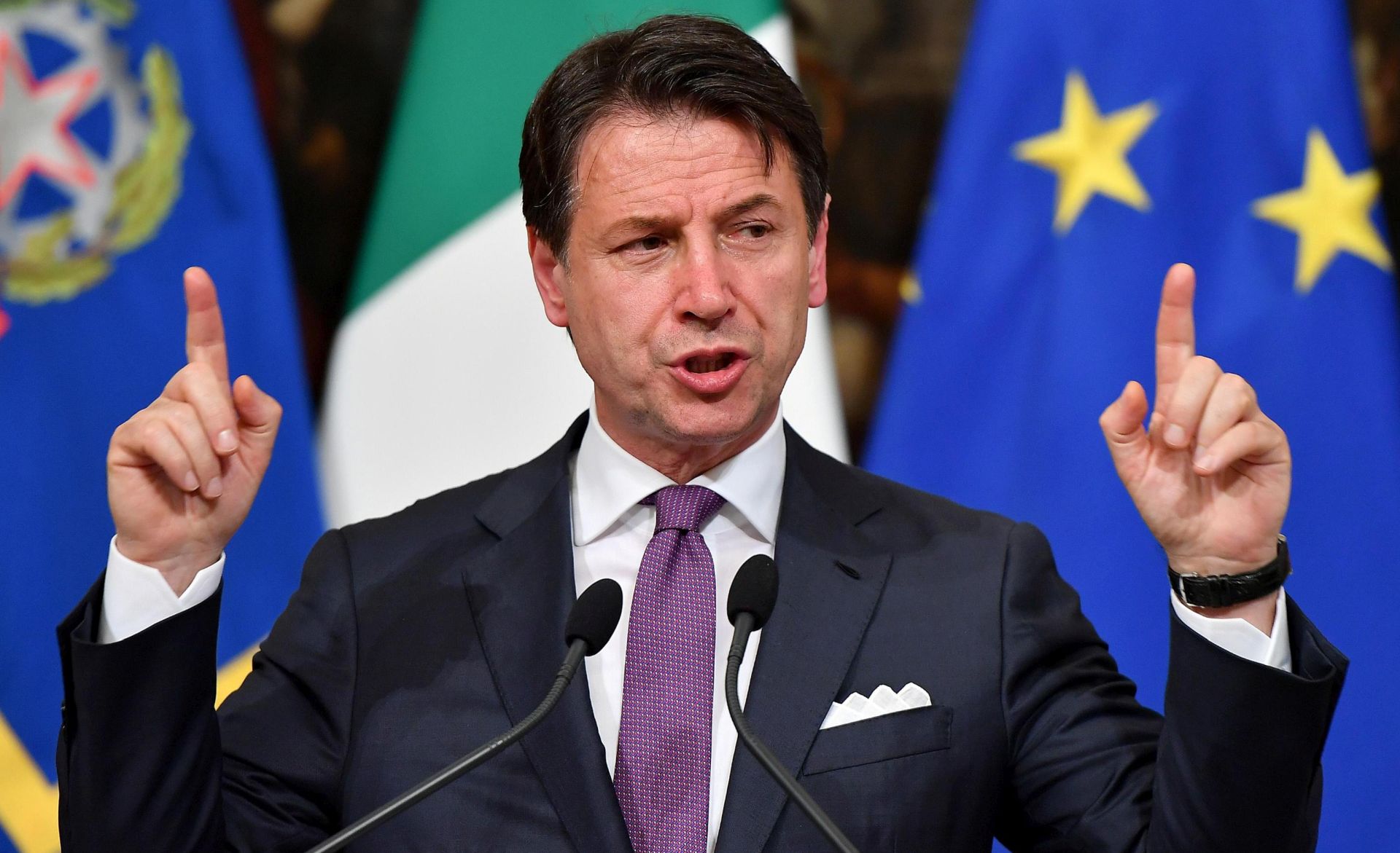 epa07623187 epa07623150 Italian Prime Minister, Giuseppe Conte, holds a press conference at Chili Palace in Rome, Italy, 03 June 2019. Italian media report Conte was expected to make an announcement related to ongoing tensions in the Italian coalition government 
and in particular related with the Five Star Movement and far-right party League.  EPA/ETTORE FERRARI  EPA-EFE/ETTORE FERRARI