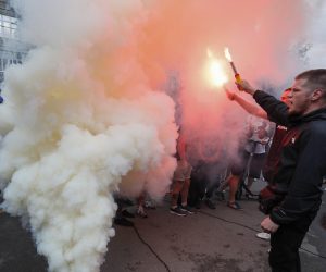 epa07625842 Activists burn flares and smoke grenades during their rally in front of Interior Ministry office in Kiev, Ukraine, 04 June 2019. Ukrainians gathered demanding for the resignation of the Interior Minister Arsen Avakov after Kiril Tlyavov, a 5-year-old boy was killed as a result of two police officers shooting. Ivan Prykhodko and Volodymyr Petrovets, two police officers who are suspected of the murder of the boy in Kyiv region, have been arrested for 60 days without the possibility of bail. At present, the main version is that the police officers, who under the influence of alcohol had staged a firearm shooting at metal cans and other objects near the place where the boy was walking, accidentally wounded the child. The boy was delivered to the Pereiaslav-Khmelnytskyi central regional hospital on 31 May 2019 with a closed craniocerebral injury and after was transferred to a hospital in Kyiv where he died on 03 June 2019.  EPA/SERGEY DOLZHENKO