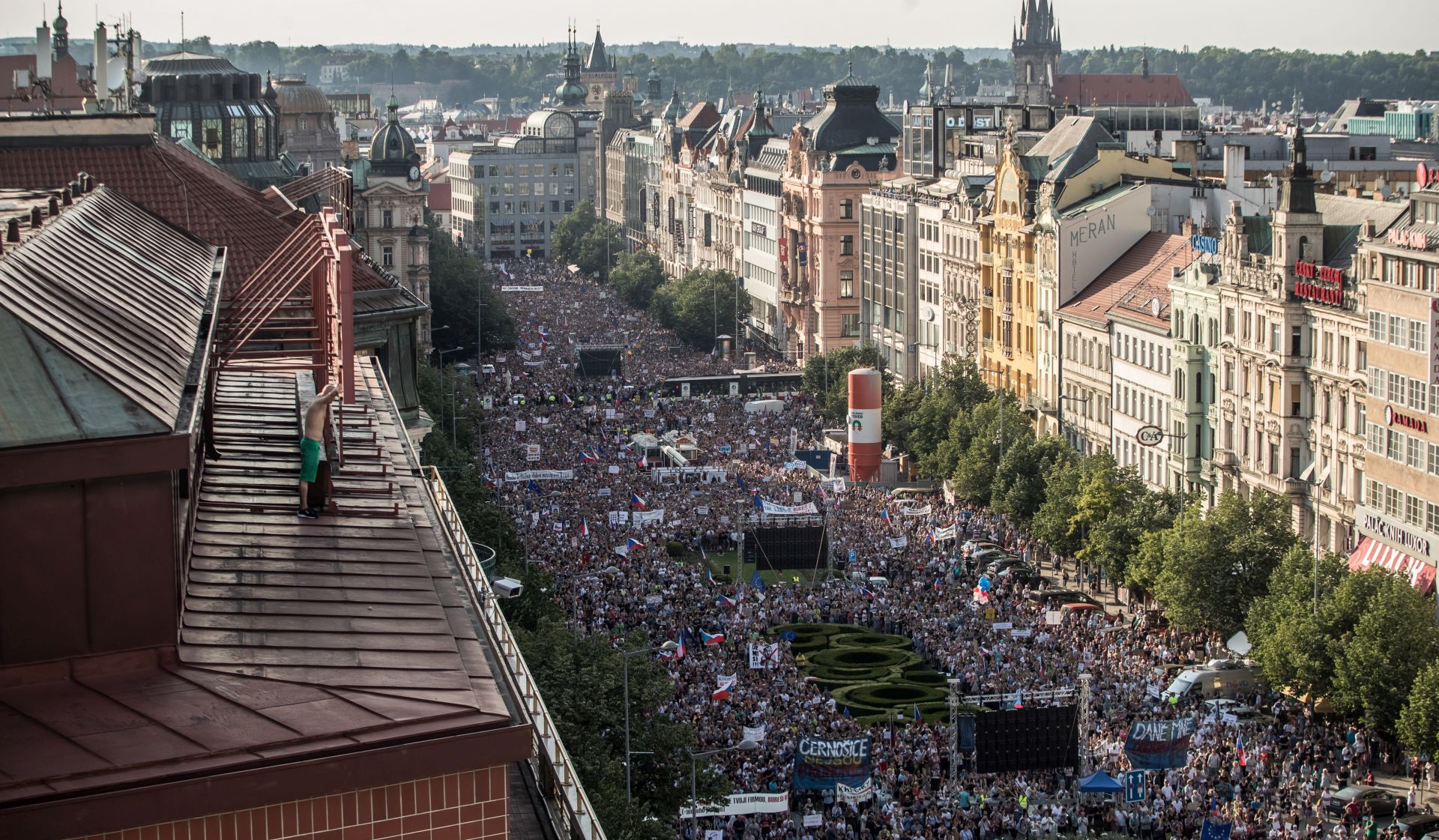epa07625820 Thousands of demonstrators gather to protest against Czech Prime Minister Andrej Babis and new Minister of Justice at the Wenceslas Square in Prague, Czech Republic, 04 June 2019. Babis is suspected of alleged misuse of EU subsidies in a total of 50 million Czech crowns (1.9 milion euro) which were invested into the Capi hnizdo (Stork's Nest) farm in Central Bohemia. The EU's fraud office OLAF is investigating the case. In additional, last week Czech media reported, the European Commission sent an audit to the Czech authorities that Czech Prime Minister Andrej Babis is in a conflict of interests due to continuing ties with his businesses.  EPA/MARTIN DIVISEK