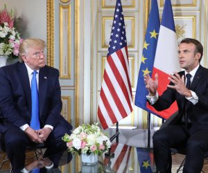 epa07630157 US President Donald Trump (L) and French President Emmanuel Macron (R) speak during a bilateral meeting on the sidelines of D-Day commemorations at the Prefecture of Caen, Normandy, France, 06 June 2019. World leaders are attending memorial events in Normandy, France to mark the 75th anniversary of the D-Day landings, which marked the beginning of the end of World War II in Europe.  EPA/LUDOVIC MARIN / POOL  MAXPPP OUT