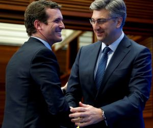 epa07643135 People's Party (PP) leader, Pablo Casado (L), greets Croatian Prime Minister, Andrej Plenkovic, as they attend the European People's Party (EPP) Group Study Days at the Kursaal Congress Palace in San Sebastian, Spain, 12 June 2019. EPP Group Study Days event takes place from 11 to 13 June.  EPA/Juan Herrero