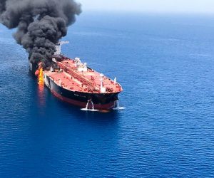 epa07645394 The crude oil tanker Front Altair on fire in the Gulf of Oman, 13 June 2019. According to the Norwegian Maritime Authority, the Front Altair is currently on fire in the Gulf of Oman after allegedly being attacked and in the early morning of 13 June between the UAE and Iran.  EPA/STRINGER