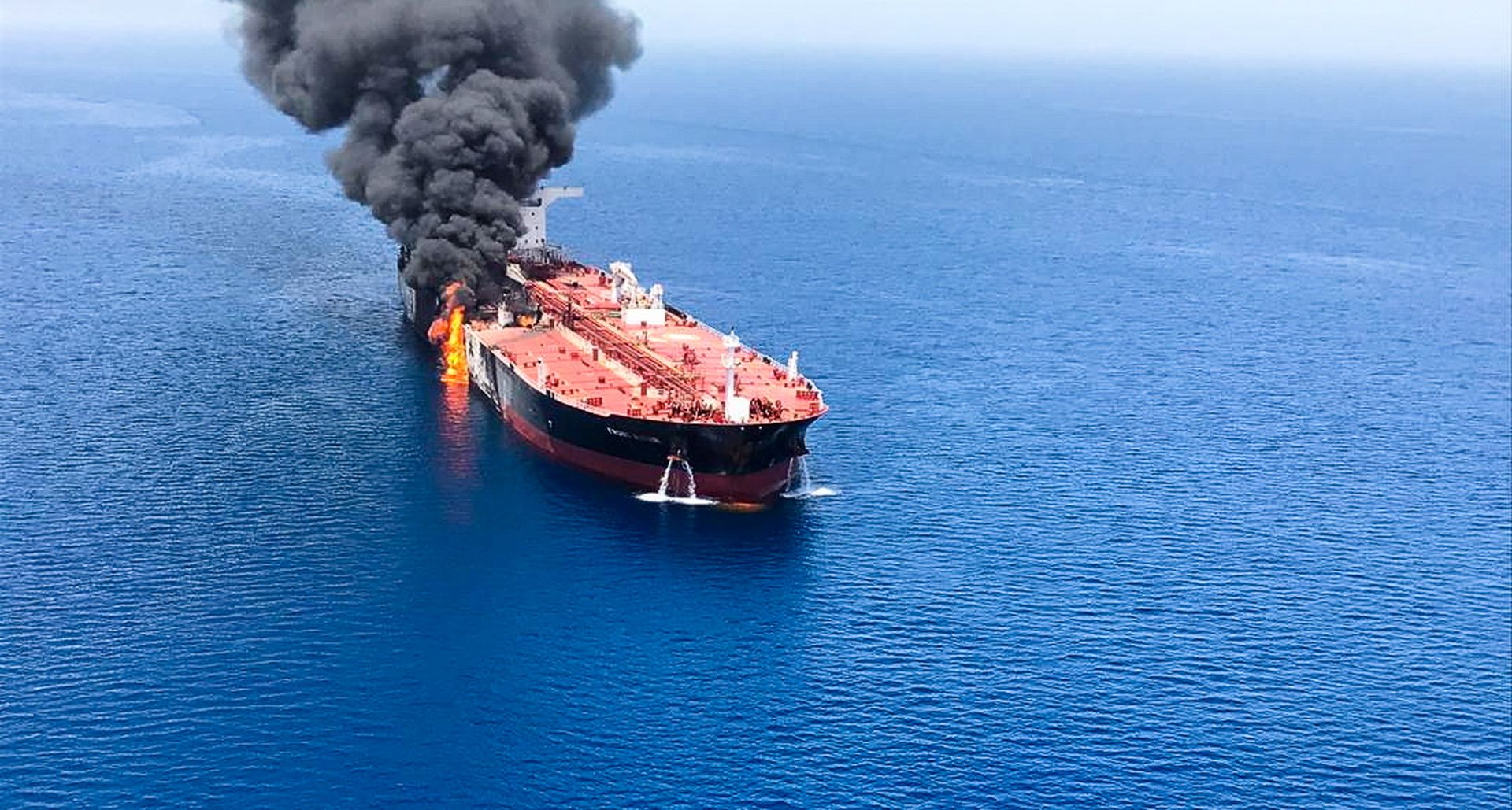 epa07645394 The crude oil tanker Front Altair on fire in the Gulf of Oman, 13 June 2019. According to the Norwegian Maritime Authority, the Front Altair is currently on fire in the Gulf of Oman after allegedly being attacked and in the early morning of 13 June between the UAE and Iran.  EPA/STRINGER