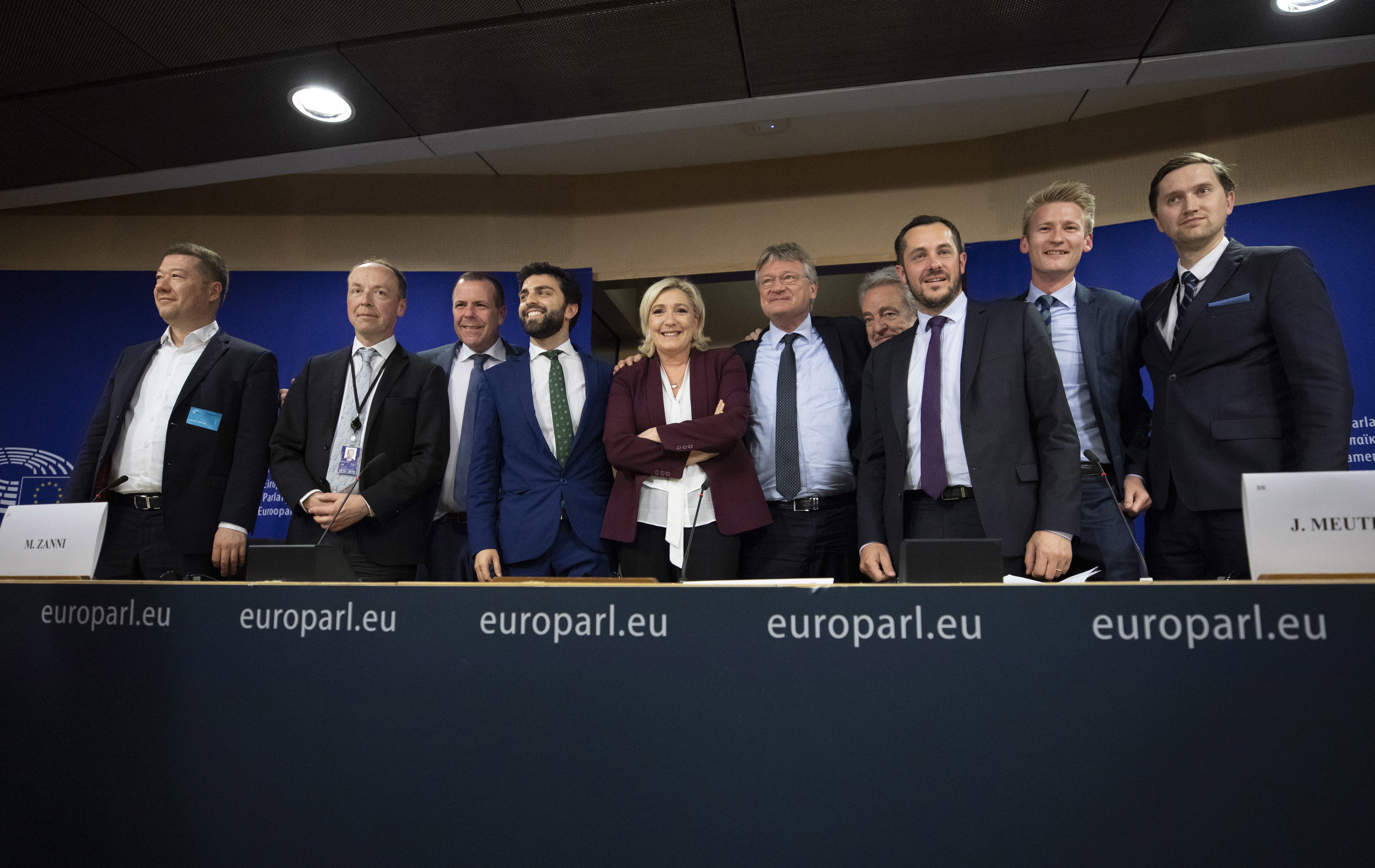 epa07645292 (L-R) Right-wing party leaders Tomio Okamura, Jussi Halla-Aho, Harald Vilimsky, Marco Zanni, Marine Le Pen, Joerg Meuthen, Gerolf Annemans, Nicolas Bay, Peter Kofod, and Jaak Madison attend a press conference to announce the creation of a new political group 'Identity and Democracy' (ID) at the European Parliament in Brussels, Belgium, 13 June 2019. The group consists of various nationalist, euroskeptic and right-wing populist parties that were elected to the European Parliament in the 23-26 May election.  EPA/STEPHANIE LECOCQ