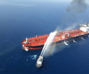 epa07646001 Iranian navy boat try to control a fire on the crude oil tanker Front Altair in the Gulf of Oman, 13 June 2019. According to the Norwegian Maritime Authority, three explosions wee reported on board the Front Altair in the Gulf of Oman after allegedly being attacked in the early morning of 13 June between the UAE and Iran.  EPA/STR