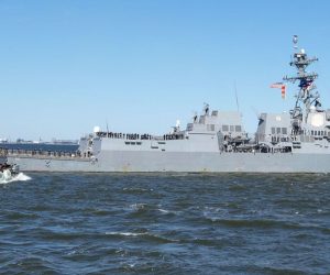 epa07647423 (FILE) - A handout photo made available by the US Navy shows the Arleigh Burke-class guided-missile destroyer USS Bainbridge (DDG 96) departing Naval Station Norfolk, Virginia, USA, 01 April 2019 (reissued 14 June 2019). According to the US military, the USS Bainbridge approached and provided aid to the vessels Front Altair and Kokokua Courageous after they were damaged by suspected explosions in the Gulf of Oman on 13 June 2019. The USA have accused Iran of being responsible for the attacks while Tehran rejects the claims.  EPA/JORDAN BAIR / US NAVY HANDOUT  HANDOUT EDITORIAL USE ONLY