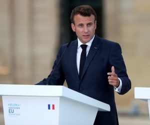 epa07648765 Emmanuel Macron, President of France speaks during the Southern European Countries Summit MED7 (Cyprus, France, Italy, Greece, Portugal, Malta and Spain) press conference at the  Auberge de Castille in Valletta, Malta, 14 June 2019.  EPA/DOMENIC AQUILINA