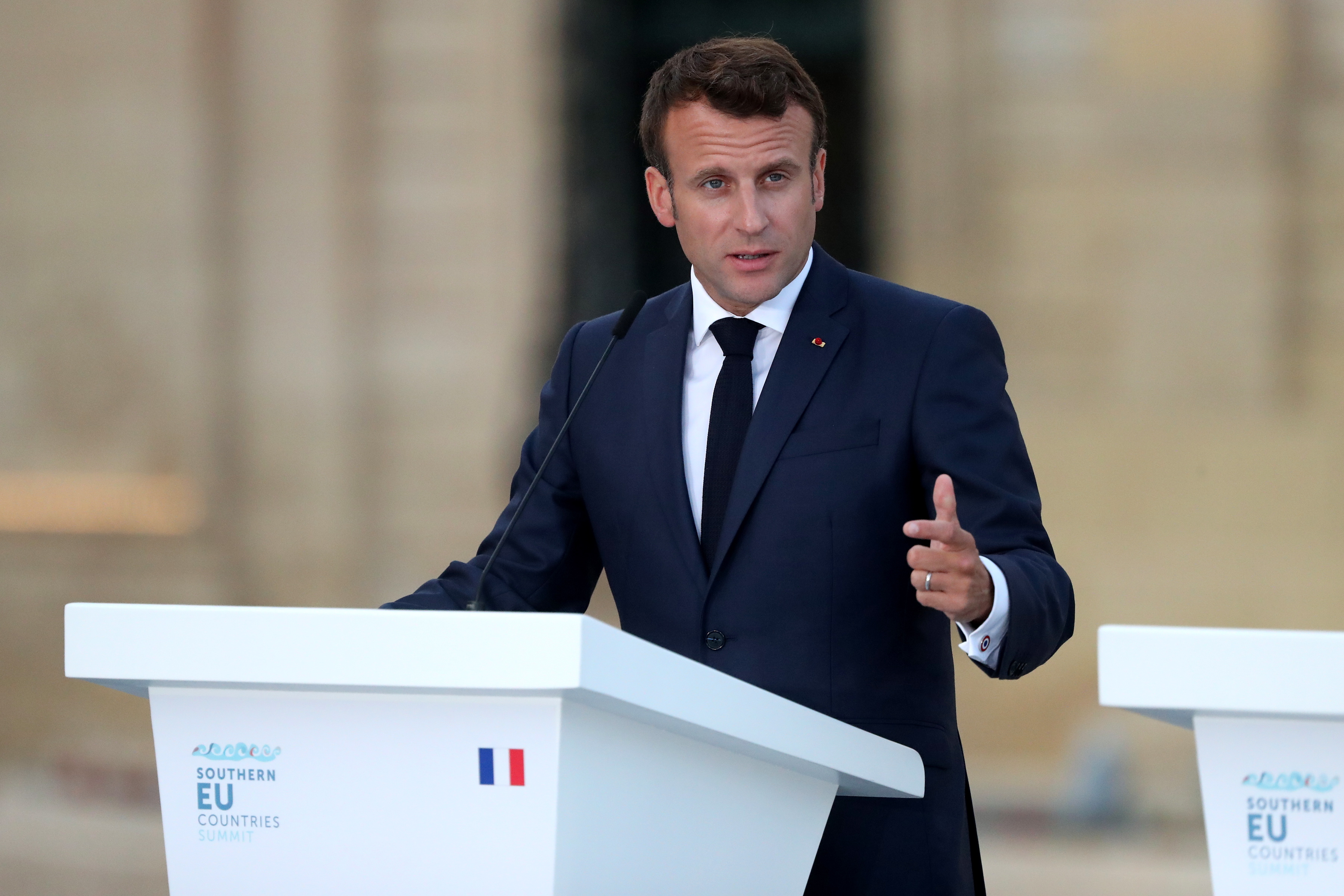 epa07648765 Emmanuel Macron, President of France speaks during the Southern European Countries Summit MED7 (Cyprus, France, Italy, Greece, Portugal, Malta and Spain) press conference at the  Auberge de Castille in Valletta, Malta, 14 June 2019.  EPA/DOMENIC AQUILINA