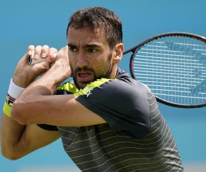 epa07654158 Croatia's Marin Cilic in action during his round of 32 match against Chile's Cristian Garin at the Fever Tree Championship at Queen's Club in London, Britain, 17 June 2019. The tournament runs from 17th June till 23 June 2019.  EPA/WILL OLIVER