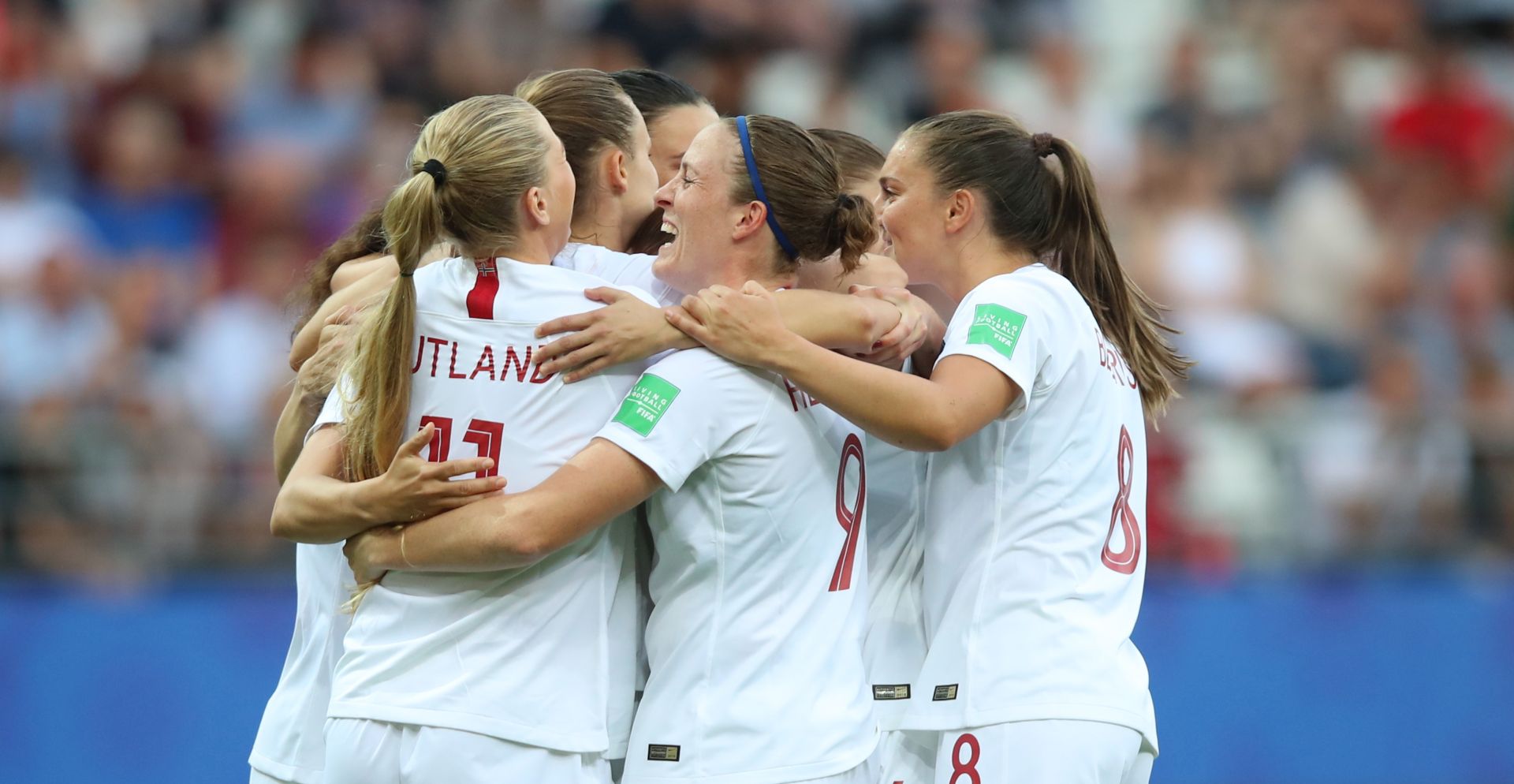 epa07654517 Norway's players celebrate during the FIFA Women's World Cup 2019 Group A soccer match between South Korea and Norway in Reims, France, 17 June 2019.  EPA/TOLGA BOZOGLU
