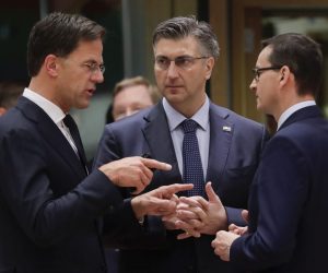 epa07662609 (L-R) Dutch Prime Minister Mark Rutte, Croatian Prime Minister Andrew Plenkovic, Poland's Prime Minister Mateusz Morawiecki during the second day of a European Council Summit in Brussels, Belgium, 21 June 2019. European leaders take the relevant decisions on appointments for the next institutional cycle and adopt the EU's strategic agenda for 2019-2024.  EPA/OLIVIER HOSLET