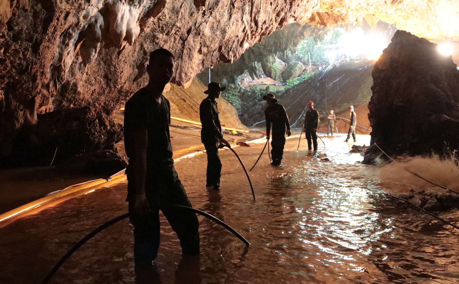 epa07662801 (FILE) - A handout photo made available by the Thai Royal Navy shows Thai military personnel inside a cave complex during the ongoing rescue operations for the youth soccer team and their assistant coach, at Tham Luang cave in Khun Nam Nang Non Forest Park, Chiang Rai province, Thailand, 07 July 2018 (reissued 20 June 2019). The Thai Wild Boar youth soccer team had spent 18 days deep inside the flooded Tham Luang cave in Thailand after becoming trapped on 23 June 2018. All of the thirteen team members were rescued in a large-scale rescue operation by 10 July 2018.  EPA/ROYAL THAI NAVY HANDOUT ATTENTION: This Image is part of a PHOTO SET HANDOUT EDITORIAL USE ONLY/NO SALES *** Local Caption *** 54472139
