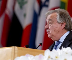 epa07662680 UN Secretary-General Antonio Guterres delivers a statement during the 108th closing session of the International Labour Conference (ILO) Centenary Session, at the European headquarters of the United Nations (UNOG) in Geneva, Switzerland, 21 June 2019.  EPA/MAGALI GIRARDIN