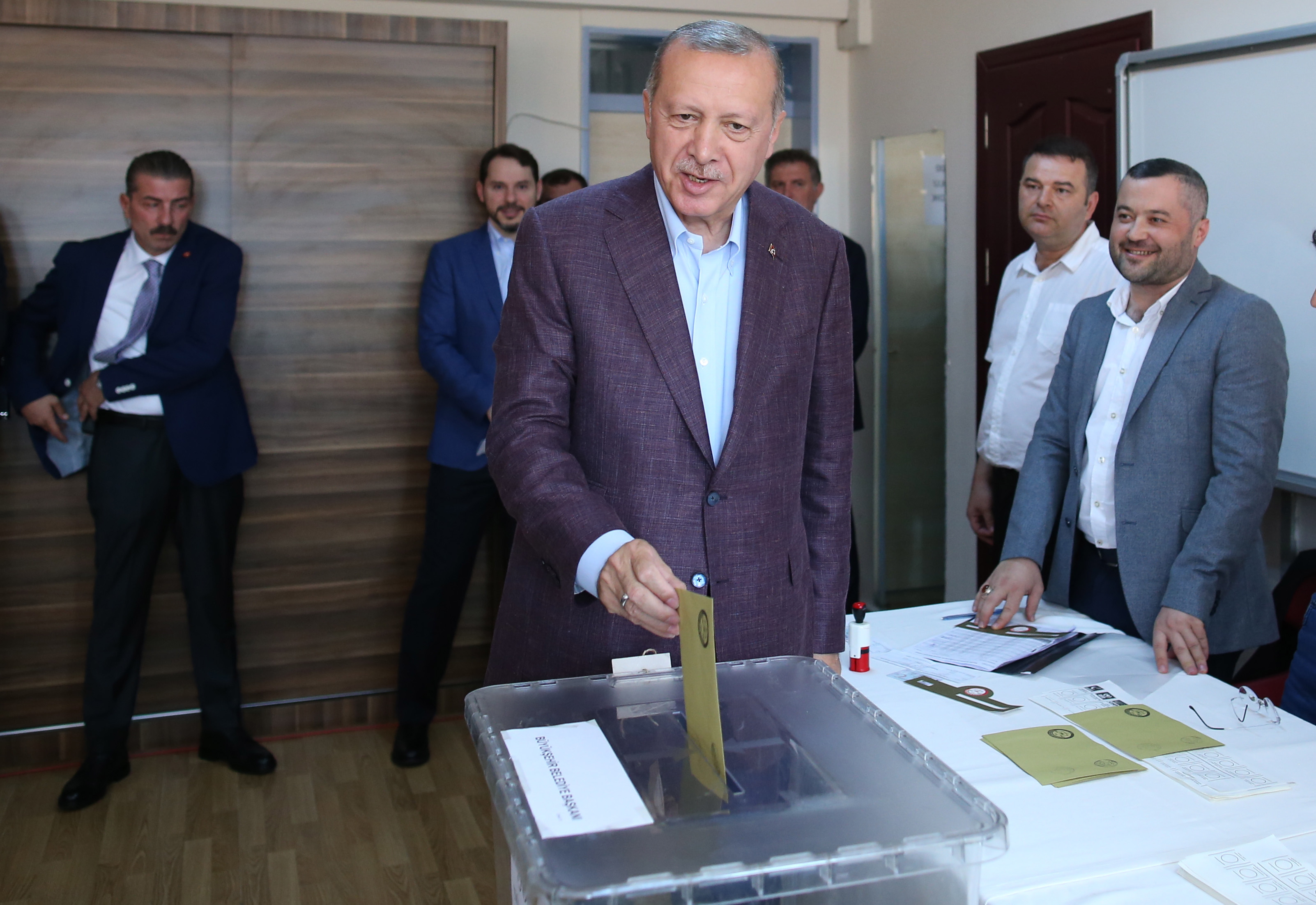 epa07667695 Turkish President Recep Tayyip Erdogan casts his vote in the Istanbul mayor election re-run, in Istanbul, Turkey, 23 June 2019. Some 10.5 million people will vote on the day in a re-run of the mayoral election. The Turkish Electoral Commission ordered a repeat of the mayoral election in Istanbul for 23 June 2019, after Turkish President Erdogan's AK Party had alleged there was 'corruption' behind his party losing in the 31 March 2019 polls.  EPA/ERDEM SAHIN