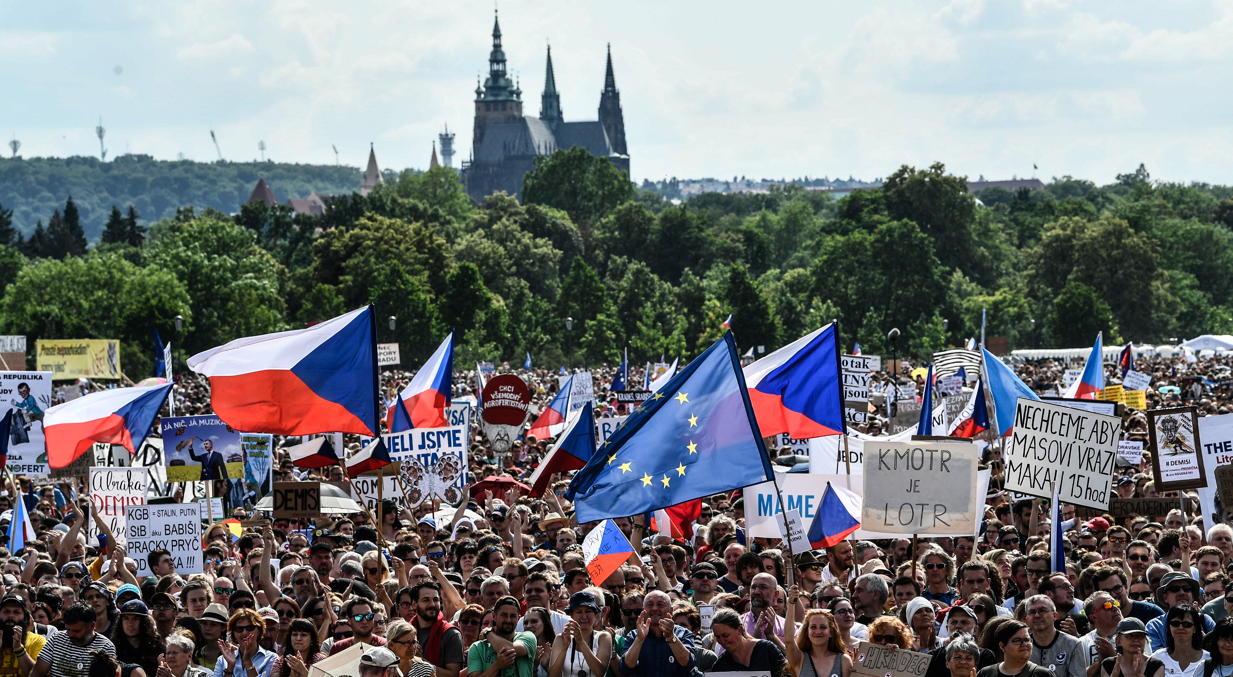 epa07668449 Thousands of demonstrators gather to protest against Czech Prime Minister Andrej Babis and new minister of justice, in the one of the biggest political demonstration against the government since the fall of communism in 1989 during Velvet Revolution, at the Letna Plain in Prague, Czech Republic, 23 June 2019. According to reports, hundreds of thousands people protest against appointing Marie Benesova as new justice minister and to demand the resignation of Czech Prime Minister Andrej Babis due to alleged conflicts of interest involving his former Agrofert conglomerate he founded and at the same time he is investigated of fraud in connection with subsidies paid by the European Union. The report suggests the country should return about 17.5 million euro that Agrofert received in EU funds.  EPA/FILIP SINGER