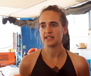 epa07677813 Sea-Watch 3 captain Carola Rackete on board the vessel at sea in the Mediterranean, 27 June 2019. Sea-Watch 3 captain Carola Rackete told journalists on 27 June that she had been promised 'a rapid solution' for the 42 desperate migrants on board the Dutch-flagged German NGO run rescue ship standing one mile off Lampedusa.  EPA/MATTEO GUIDELLI