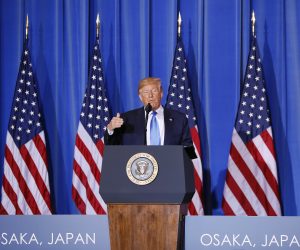 epa07681911 US President Donald J. Trump speaks during a news conference at a hotel in Osaka, western Japan, 29 June 2019 after closing the G20 Summit talks. It is the first time that Japan hosts a G20 summit. The summit gathers leaders from 19 countries and the European Union to discuss topics such as global economy, trade and investment, innovation and employment  EPA/KIMIMASA MAYAMA