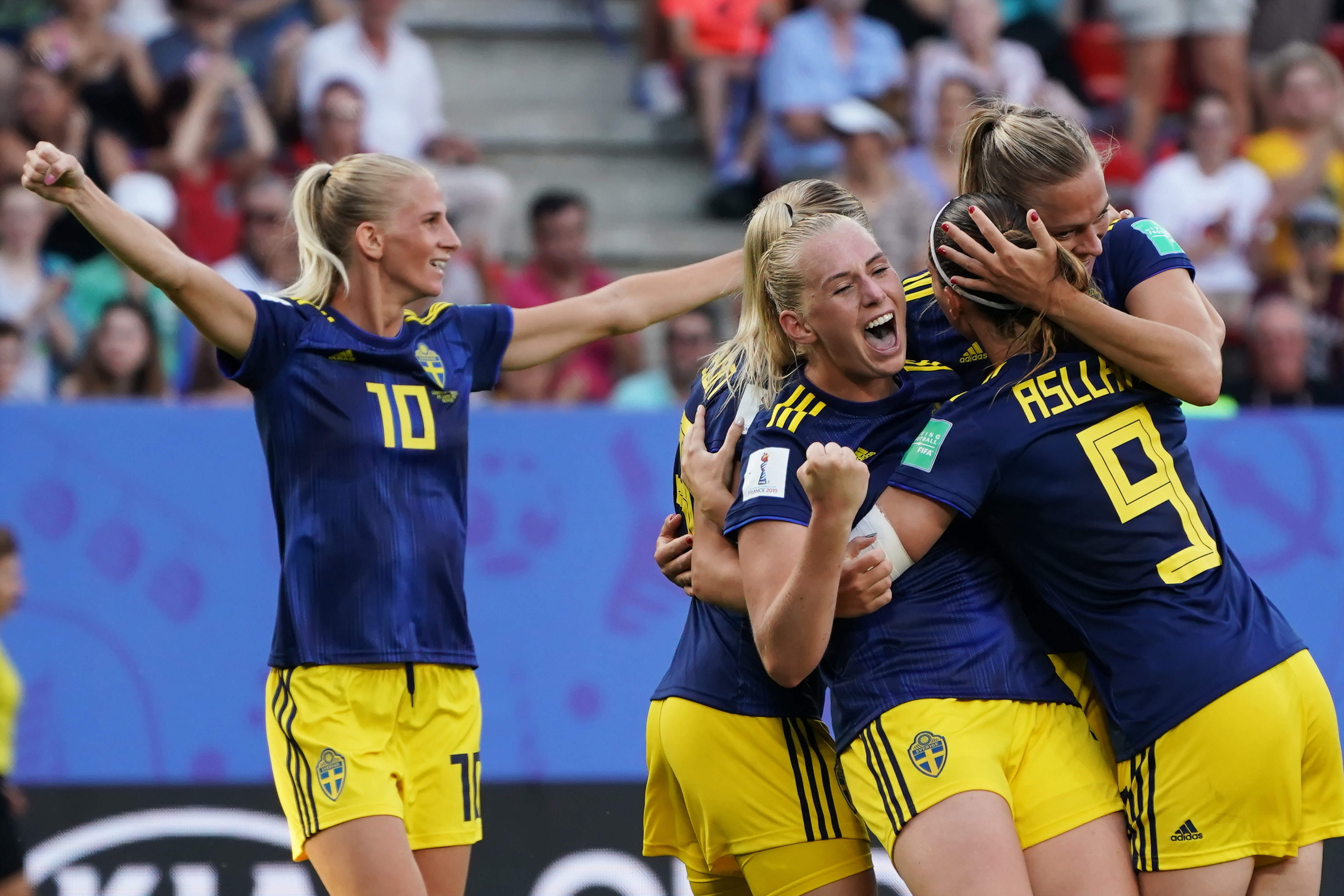 epa07683541 Stina Blackstenius of Sweden celebrates with teammate after scoring a goal during the Quarter Final match between Germany and Sweden at the FIFA Women's World Cup 2019 in Rennes, France, 29 June 2019.  EPA/EDDY LEMAISTRE