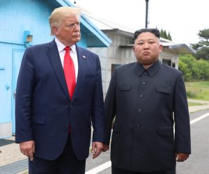 epa07683981 US President Donald J. Trump (L) with North Korean leader Kim Jong-un before they hold talks at the Freedom House on the southern side of the truce village of Panmunjom in the Demilitarized Zone, which separates the two Koreas, 30 June 2019. The US leader arrived in South Korean on 29 June for a two-day visit that will include a meeting with South Korean President Moon Jae-in and a trip to the Demilitarized Zone.  EPA/YONHAP SOUTH KOREA OUT