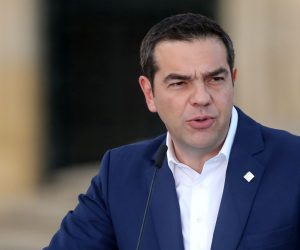 epa07648772 Alexis Tsipras, Greek Prime Minister speaks during the Southern European Countries Summit MED7 (Cyprus, France, Italy, Greece, Portugal, Malta and Spain) press conference at the  Auberge de Castille in Valletta, Malta, 14 June 2019.  EPA/DOMENIC AQUILINA