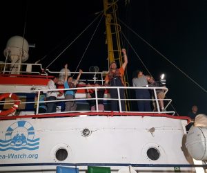 epa07681886 The Sea Watch 3 migrant rescue ship after arriving in the port of Lampedusa, Italy, 28 June 2019, issued 29 June 2019. According to reports, the captain Carola Rackete was arrested after entering the port without permission .  EPA/ELIO DESIDERIO