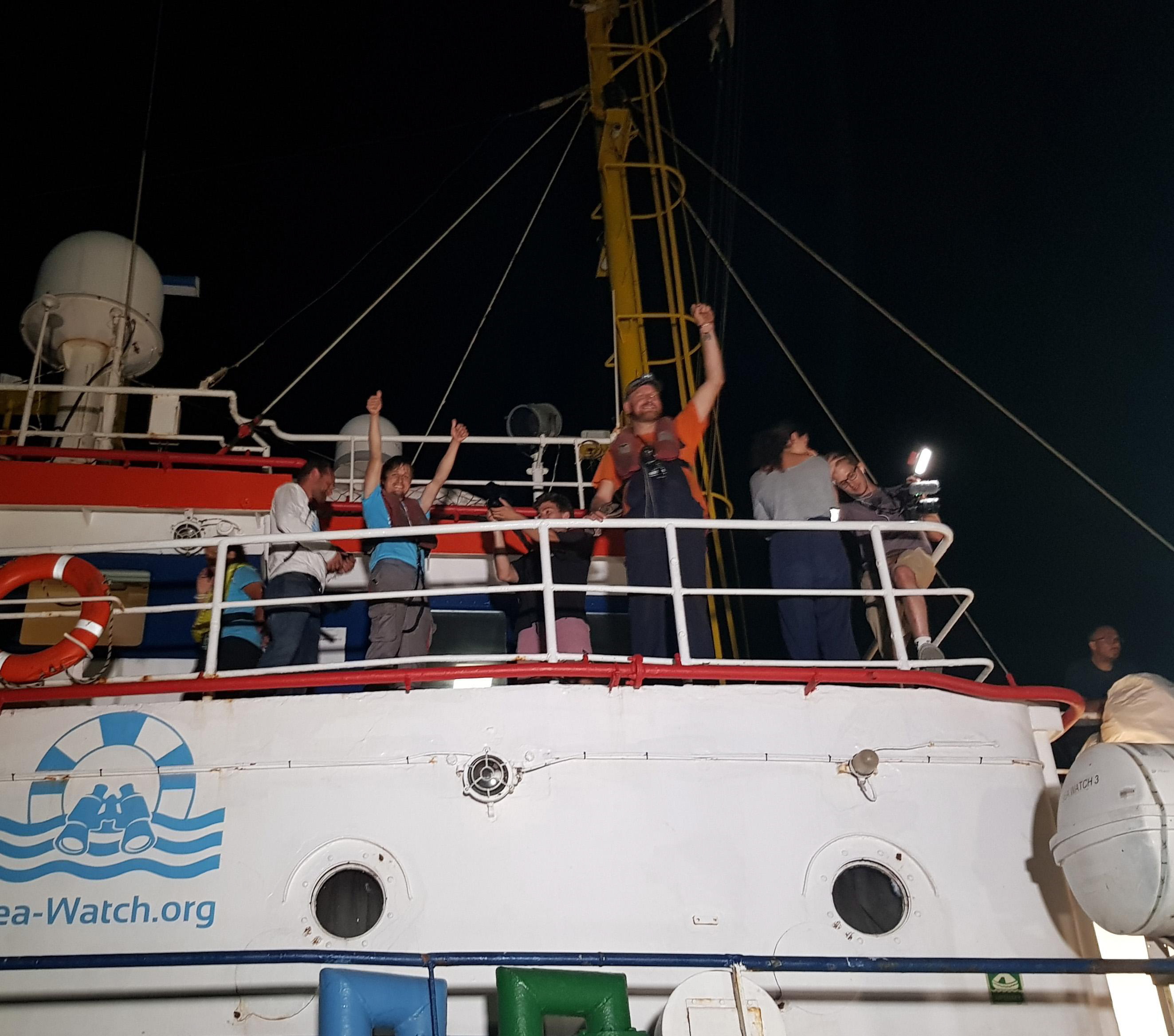 epa07681886 The Sea Watch 3 migrant rescue ship after arriving in the port of Lampedusa, Italy, 28 June 2019, issued 29 June 2019. According to reports, the captain Carola Rackete was arrested after entering the port without permission .  EPA/ELIO DESIDERIO