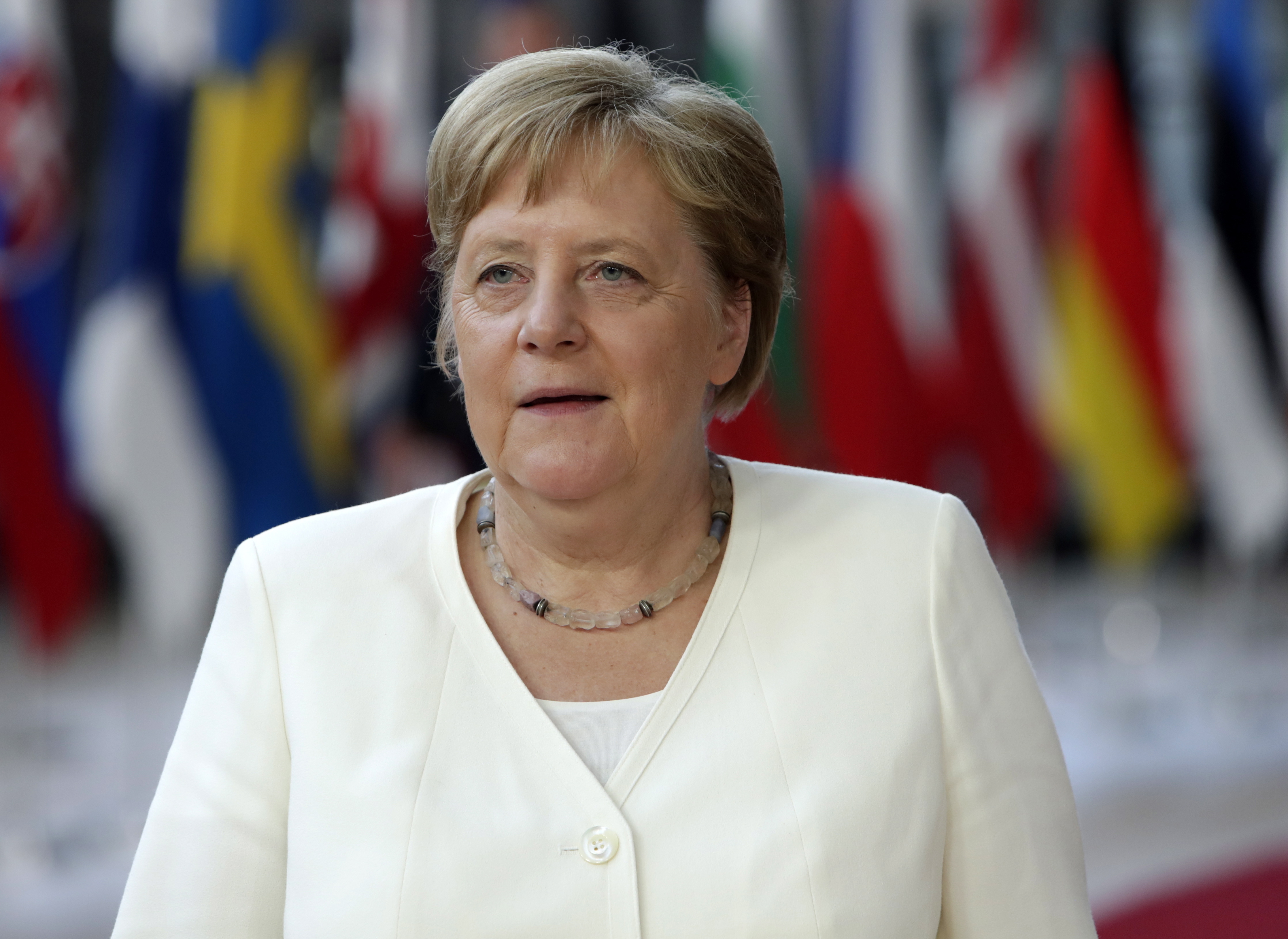 epa07685135 German Chancellor Angela Merkel during arrivals for a Special European Council in Brussels, Belgium, 30 June 2019. Heads of states or governments from EU member states meet to continue discussions on the possible candidates for the heads of EU institutions, namely European Council President, President of the European Commission, High Representative of the Union for Foreign Affairs and Security Policy (Foreign Policy Chief), and President of the European Central Bank.  EPA/ARIS OIKONOMOU