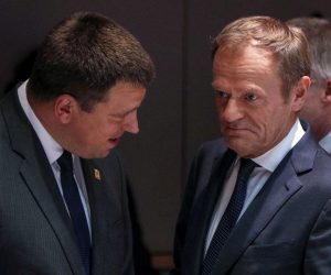 epa07685852 European Council President Donald Tusk (R) and Estonian Prime Minister Juri Ratas speak prior the round table of a Special European Council in Brussels, Belgium, 30 June 2019. Heads of states or governments from EU member states meet to continue discussions on the possible candidates for the heads of EU institutions, namely European Council President, President of the European Commission, High Representative of the Union for Foreign Affairs and Security Policy (Foreign Policy Chief), and President of the European Central Bank.  EPA/GEOFFROY VAN DER HASSELT / POOL