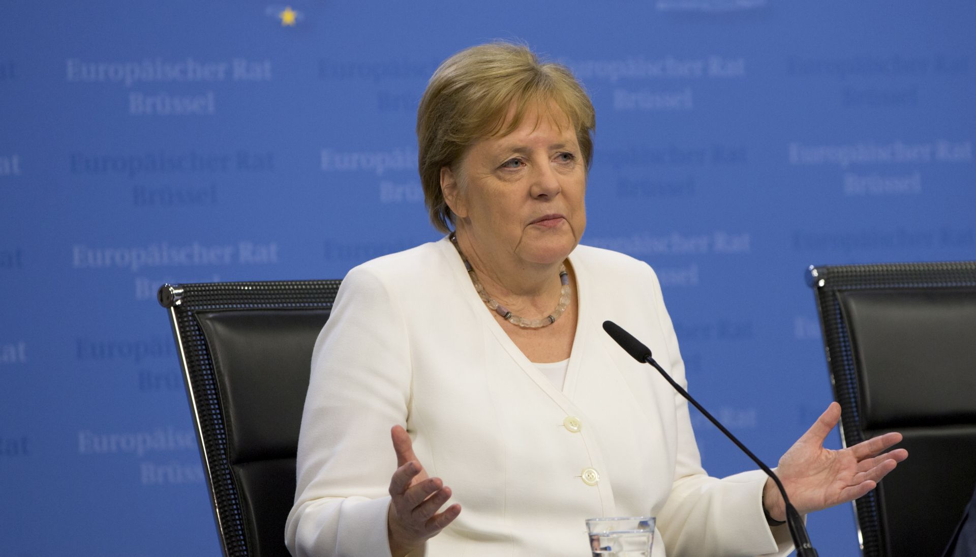 epa07687030 German Chancellor Angela Merkel (during a Special European Council in Brussels, Belgium, 01 July 2019. Heads of states or governments from the EU are continuing discussions on the possible candidates for the heads of EU institutions, namely European Council President, President of the European Commission, High Representative of the Union for Foreign Affairs and Security Policy (Foreign Policy Chief), and President of the European Central Bank.  EPA/OLIVIER HOSLET