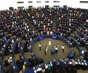 epa07688901 Brexit party members turn their backs on the musicians during the European Anthem at the first session of the new Parliament at the European Parliament, in Strasbourg, France, 02 July 2019.  EPA/PATRICK SEEGER
