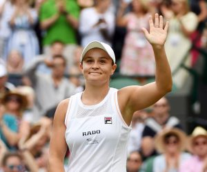 epa07689537 Ashleigh Barty of Australia celebrates her win over Saisai Zheng of China in their first round match during the Wimbledon Championships at the All England Lawn Tennis Club, in London, Britain, 02 July 2019. EPA/FACUNDO ARRIZABALAGA EDITORIAL USE ONLY/NO COMMERCIAL SALES