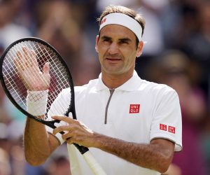 epa07689933 Roger Federer of Switzerland celebrates his win over Lloyd Harris of South Africa in their first round match during the Wimbledon Championships at the All England Lawn Tennis Club, in London, Britain, 02 July 2019. EPA/WILL OLIVER EDITORIAL USE ONLY/NO COMMERCIAL SALES