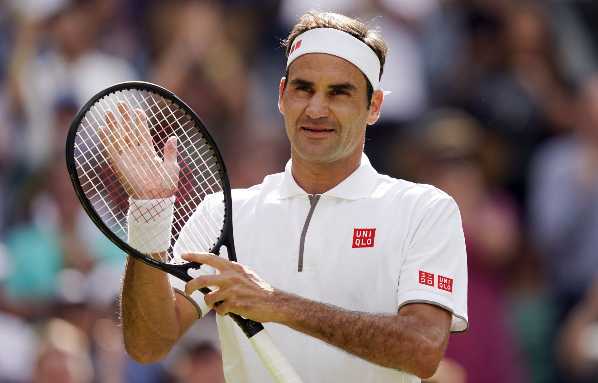 epa07689933 Roger Federer of Switzerland celebrates his win over Lloyd Harris of South Africa in their first round match during the Wimbledon Championships at the All England Lawn Tennis Club, in London, Britain, 02 July 2019. EPA/WILL OLIVER EDITORIAL USE ONLY/NO COMMERCIAL SALES