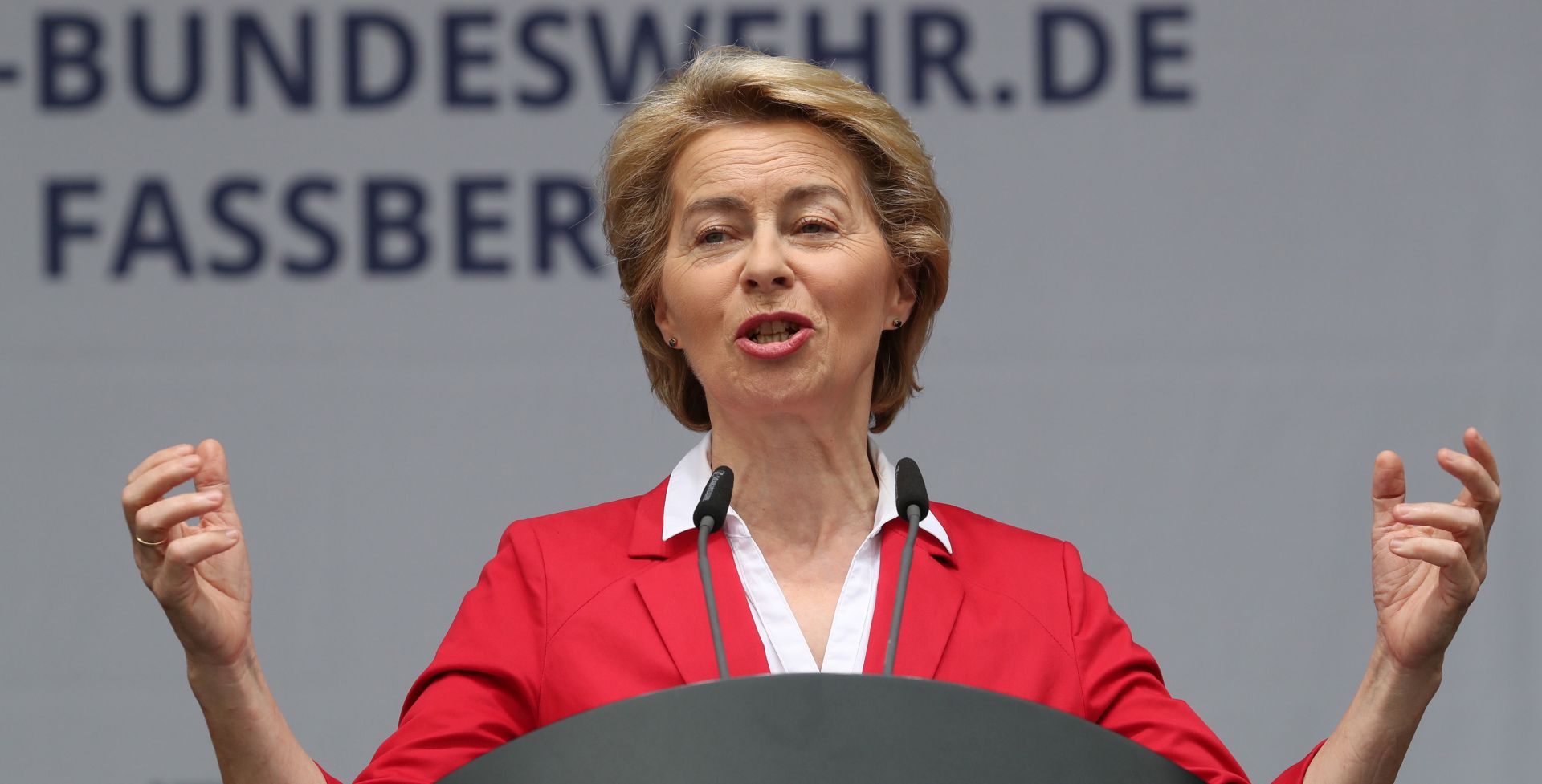 epa07690207 (FILE) - German Minister of Defense, Ursula von der Leyen speaks  during the Open Day of the German Armed Forces (Tag der Bundeswehr) at the airfield of Fassberg, northern Germany, 15 June 2019 (reissued 02 July 2019). Reports on 02 July 2019 state the European Council has agreed on the future leaders of the EU institutions and has nominated German defence minister Ursula von der Leyen as European Commission president.  EPA/FOCKE STRANGMANN
