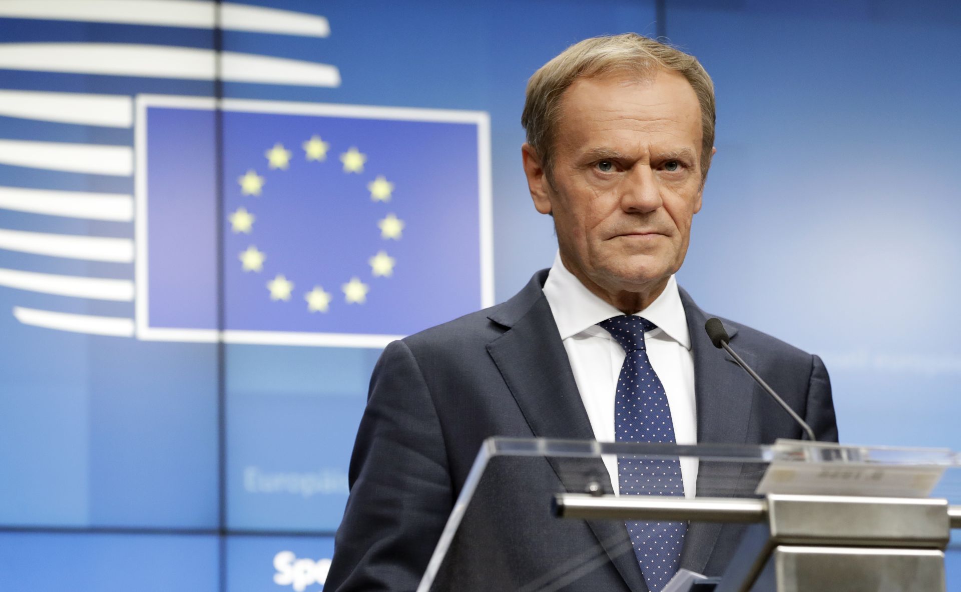 epa07690322 European Council President Donald Tusk   gives a press conference at the end of a Special European Council in Brussels, Belgium, 02 July 2019. Heads of states or governments from EU member states agreed on Charles Michel as the new President of the European Council and nominated German Minister of Defence Ursula von der Leyen as European Commission president, Christine Lagarde as president of the European Central Bank and Josep Borrell as EU's High Representative for Foreign Affairs and Security Policy.  EPA/OLIVIER HOSLET