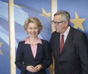 epa07691222 (FILE) - European Commission president Jean-Claude Juncker (R) welcomes German Defense Minister Ursula Von der Leyen (L) prior to a meeting at the European Commission headquarters in Brussels, Belgium, 09 April 2015 (reissued 03 July 2019). Von der Leyen was named as a candidate for President of the European Commission a day earlier.  EPA/OLIVIER HOSLET