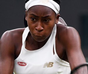 epa07693090 Cori Gauff of the US returns to Magdalena Rybarikova of Slovakia in their second round match during the Wimbledon Championships at the All England Lawn Tennis Club, in London, Britain, 03 July 2019. EPA/ANDY RAIN EDITORIAL USE ONLY/NO COMMERCIAL SALES