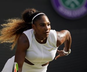 epa07695174 Serena Williams of the US plays Kaja Juvan of Slovenia in their second round match during the Wimbledon Championships at the All England Lawn Tennis Club, in London, Britain, 04 July 2019. EPA/WILL OLIVER EDITORIAL USE ONLY/NO COMMERCIAL SALES