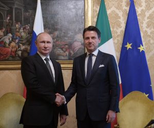 epa07695440 Russian President Vladimir Putin (L) and Italian Prime Minister Giuseppe Conte (R) shake hands during their meeting at Chigi Palace in Rome, Italy, 04 July 2019.  Putin arrived for a one-day visit to Vatican and Rome to meet with the Pope and Italian leaders.  EPA/ALEXEI DRUZHININ / SPUTNIK / KREMLIN POOL MANDATORY CREDIT
