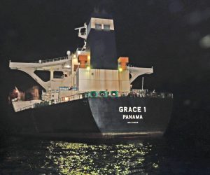epa07695824 A handout picture provided by the British Ministry of Defence (MOD) showing the Panama registered Grace 1 tanker after British Royal Marines from 42 Commando took part in the seizure of an Iranian oil tanker in the Gibraltar Strait, 04 July 2019. The MOD report that they were followed on board shortly by Gibraltar police and the ship was handed over to them to continue with further checks and procedures. The operation went off without a hitch and commandos were able to board the vessel quickly. The seizure was made because of evidence it was heading to Syria in breach of EU sanctions.  EPA/RAF/BRITISH MINISTRY OF DEFENCE/HANDOUT MANDATORY CREDIT: MOD/CROWN COPYRIGHT HANDOUT EDITORIAL USE ONLY/NO SALES