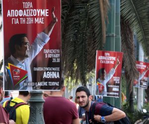 epa07697121 Pre-election posters of SYRIZA party are seen on a street in central Athens, Greece, 05 July 2019. General elections in Greece are scheduled on 07 July 2019. EPA/PANTELIS SAITAS  EPA-EFE/PANTELIS SAITAS